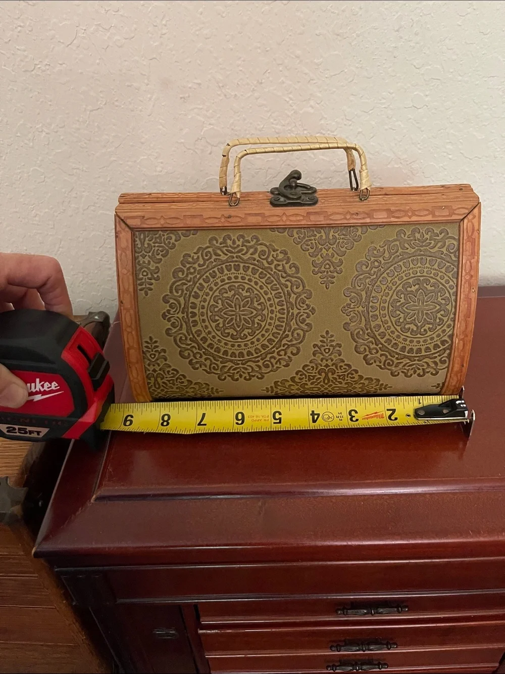 Vintage Wooden Box Purse Mid Century Embossed Leatherette Carved Frame Handbag